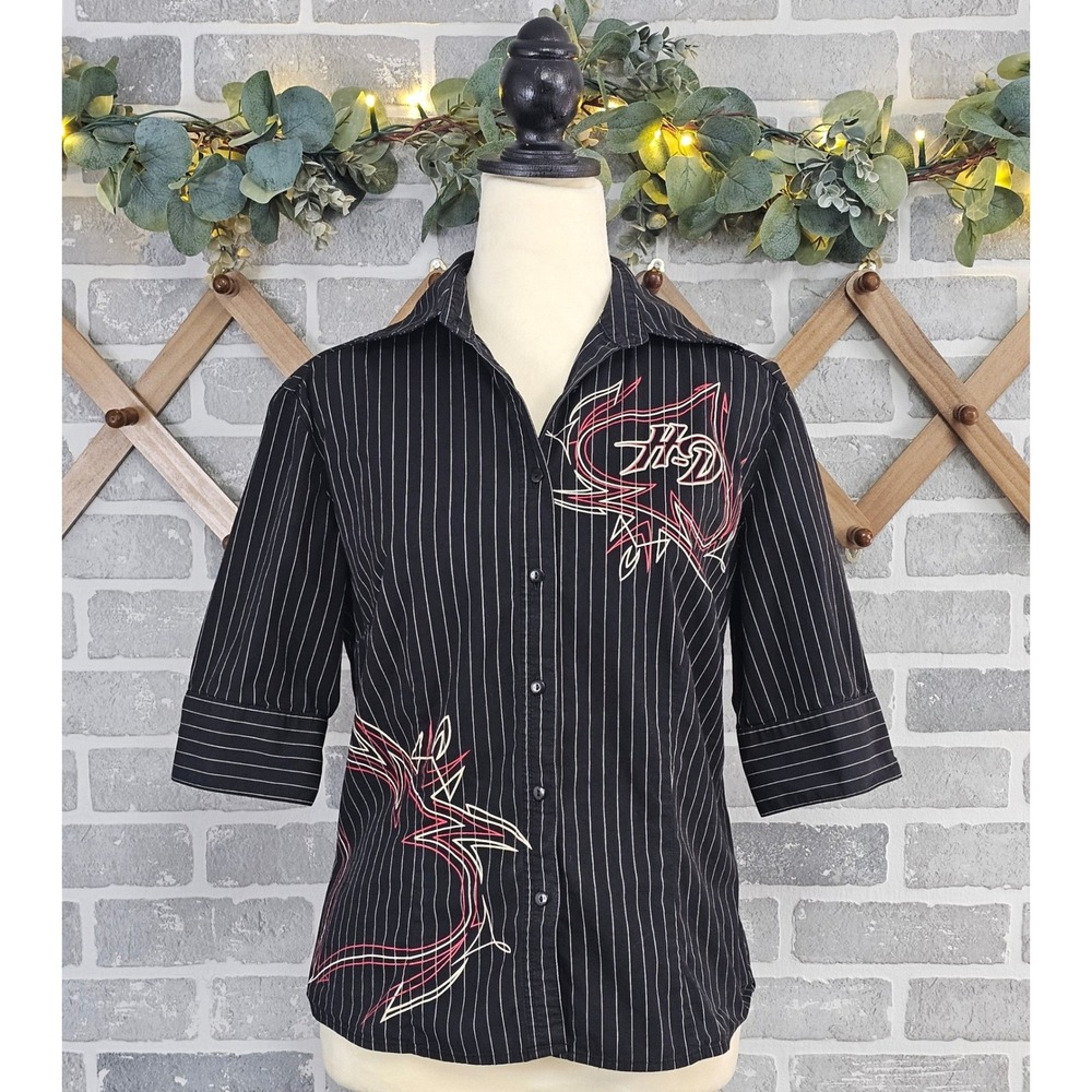 Harley-Davidson Womens M Pinstripe Custom Speed Embroidered Shirt Biker Moto